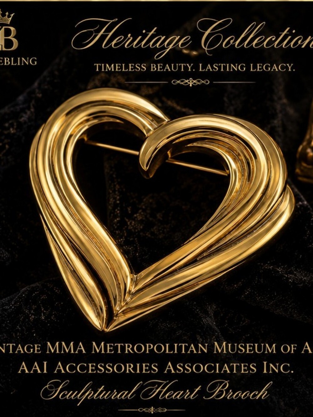 Vintage MMA Metropolitan Museum of Art AAI Gold Tone Sculptural Heart Brooch
